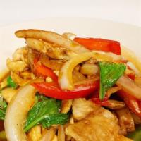 Thai Basil · Served with choice of chicken, beef or pork in garlic sauce with basil,bell pepper,Mushroom ...