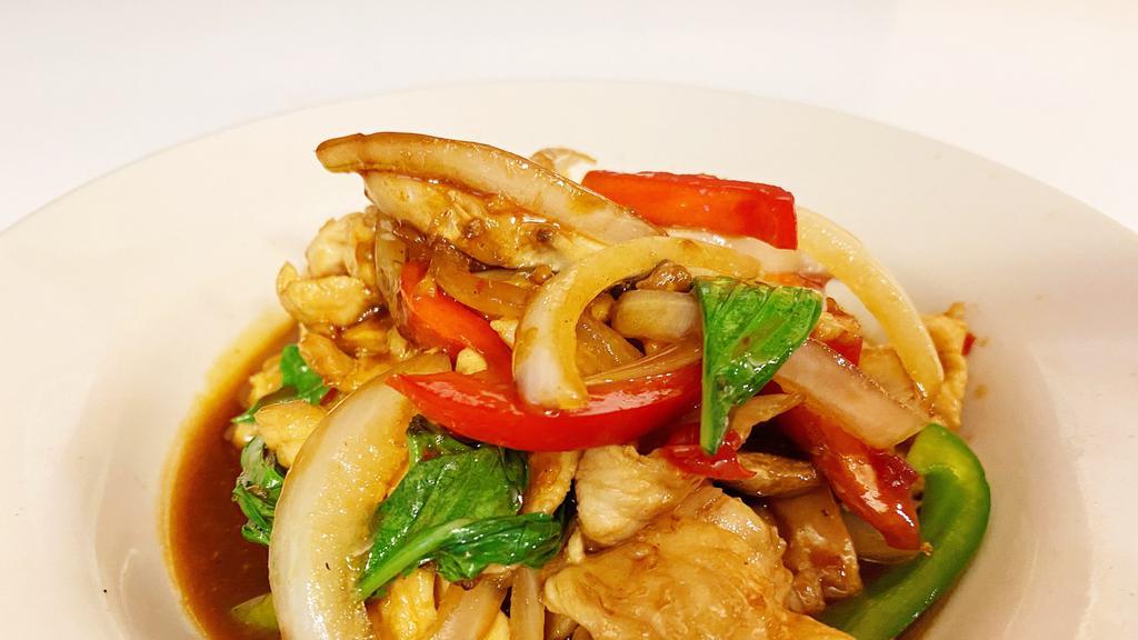 Thai Basil · Served with choice of chicken, beef or pork in garlic sauce with basil,bell pepper,Mushroom and onions. Add addons for an additional charge.