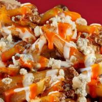 Buffalo Blue Fries · Our classic Fresh-Cut fries topped with Buffalo Sauce, Ranch Dressing & crumbled Blue Cheese.