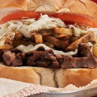 Sirloin Steak And Cheese · Served with cheese, fries, slaw and tomato on Italian Bread.