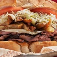 Roast Beef And Cheese · Served with cheese, fries, slaw and tomato on Italian Bread.