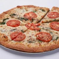 White Pizza · Garlic sauce, Parmesan and mozzarella cheeses,. roasted tomato, fresh spinach.
