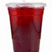Iced Hibiscus Tea · Steeped from hibiscus leaves, and sweetened with a ginger simple syrup.