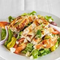 Mediterranean Chicken Salad · Fresh mix greens, tomatoes, cucumbers, onions, Greek olives, feta cheese, green peppers, har...