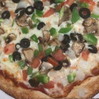 Veggie Pizza · Black olives, green peppers, onions, mushrooms, and tomatoes.