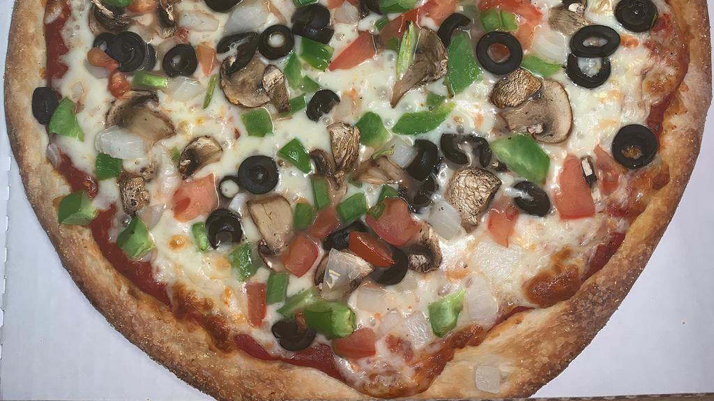 Veggie Pizza · Black olives, green peppers, onions, mushrooms, and tomatoes.