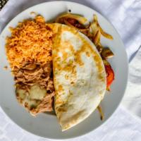 One Quesadilla · Filled with mushrooms, grilled vegetables with rice and beans.