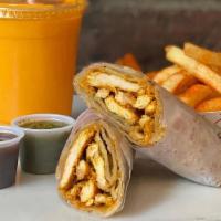 Chicken Kathi Roll · served with fries and chutneys