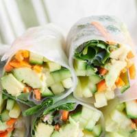 Vegan Veggies Spring Rolls (2) · Fresh veggies, avocados, lettuce, noodles, herbs. Peanut sauce (on the side).