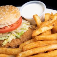 Crispy Chicken Sandwich · Seasoned breaded chicken breast topped with choice of cheese served on a toasted sesame bun ...