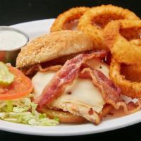 The Foul Shot Sandwich · Grilled chicken breast sandwich with melted Swiss cheese, crispy bacon, lettuce, tomatoes an...