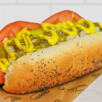 Chicago-Style Hot Dog · All-beef hot dog, mustard, relish, onion, sport peppers, pickle, tomato, and celery salt.