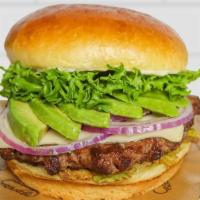 Avocado Pepper Jack Burger · 1/3 lb All-Natural beef, avocado, crispy jalapenos, red onion, lettuce, mayo, and pepper jac...