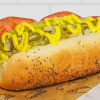 Chicago-Style Double Hot Dog · All-beef hot dog, mustard, relish, onion, sport peppers, pickle, tomato, and celery salt.