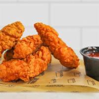 Breaded All-Natural Chicken Tenders · 4 pieces. Premium all white meat crispy chicken tenders served with BBQ sauce, ranch, buffal...