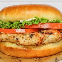 Char Grilled Chicken Sandwich · Mayo, tomato and lettuce on a brioche bun