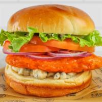 Buffalo Chicken Sandwich · Breaded chicken, buffalo sauce, red onion, lettuce, tomato, blue cheese, and ranch on a brio...