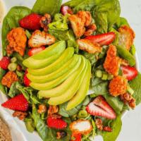 Strawberry Avocado Chicken Salad · crispy all-white meat chicken, strawberry, ripe avocado, diced green onion, candied walnuts ...