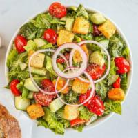 Old Neighborhood House Salad · cucumber + red onion, roma tomato, shredded parmesan, parmesan garlic croutons with oil + vi...
