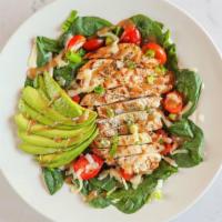 Chicken & Avocado Bowl · grilled all-white meat chicken, ripe avocado, fresh spinach, grape tomatoes, roasted red pep...