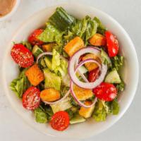 Side House Salad · Mixed greens, arugula, tomato, cucumber, Parmesan, croutons, red onion, oil and vinegar dres...
