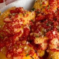 Fried Mac & Cheese Balls · Topped with Hot Cheetos