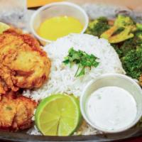 Fried Fish, Broccoli & Rice · Deep fried battered fish, with a side of steamed broccoli & rice
