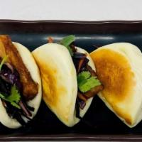 Pork Belly Bao Buns · 3 bao buns with braised pork belly marinated cucumbers and hoisin red cabbage slaw