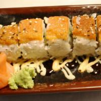 Caterpillar Roll* · Tempura shrimp and avocado topped with spicy tuna, eel sauce, wasabi cream, and sriracha may...
