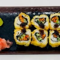 Garden Roll · Cucumber, red bell pepper, avocado, and carrot rolled in nori and sticky rice, tempura batte...
