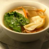Wonton Soup · Handmade pork wonton, spinach, carrots, and roasted pork in a chicken broth.