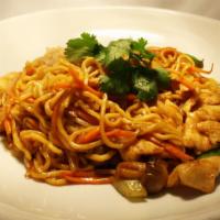 Chicken Lo Mein · Egg noodles tossed with snow peas, mushrooms, bean sprouts, baby corn, onions, and carrots.
