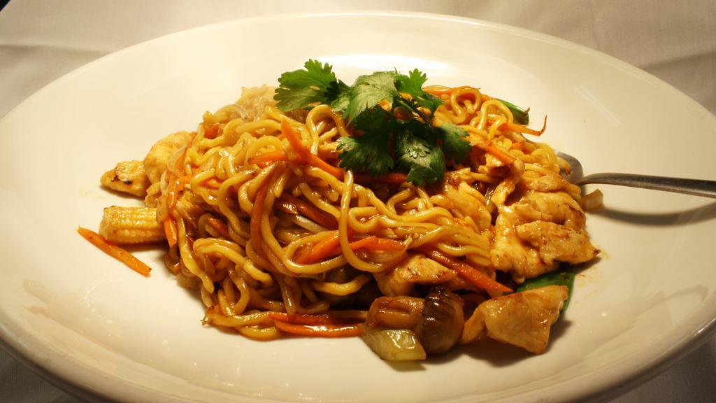 Shrimp Lo Mein · Egg noodles tossed with snow peas, mushrooms, bean sprouts, baby corn, onions, and carrots.
