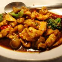 Hunan Chicken · Stir-fried chicken, and broccoli, mushrooms, in a fiery brown sauce.