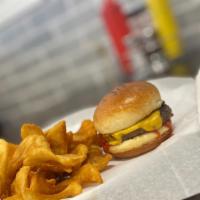 Kids Burger · 3oz beef patty with American Cheese, & choice of one side & apple juice