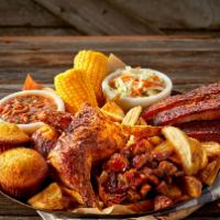 Feast For 2 To 3 · St. Louis-Style Spareribs, Country-Roasted Chicken, choice of Texas Beef Brisket or Georgia ...