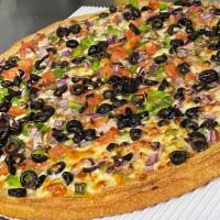 Vegetarian Pizza (Sm) · Mushrooms, green peppers, tomatoes, onions, black peppers. Additional and premium toppings e...