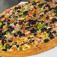 Vegetarian Pizza (Lg) · Mushrooms, green peppers, tomatoes, onions, black peppers. Additional and premium toppings e...