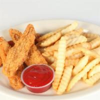 Pollo Y Papas Fritas · Chicken fingers (4) French fries.