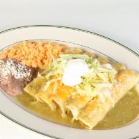 Enchiladas · Corn tortillas stuffed with your choice of meat, smothered with green salsa, sour cream, che...