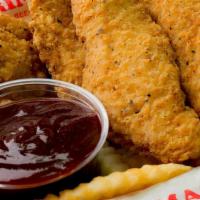 Chicken Tenders | 5Pc · Hand breaded chicken tenders, served with fries and your choice of dipping sauce