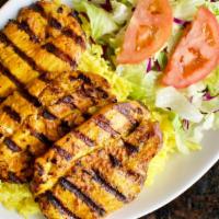 Spicy Chicken Tender Entrée · Grilled marinated Mediterranean-style spicy chicken breast tenders, served with rice, salad,...