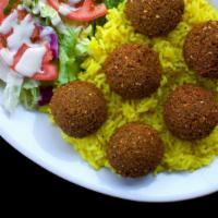 Falafel Plate · Seasoned ground chick peas and vegetables, formed into (6) patties and deep fried to a flavo...