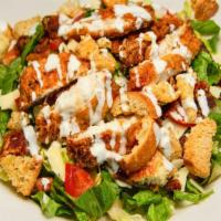 Salad Jessy Rafael · Fried Chicken on Lettuce, Tomato, shredded cheddar, hard boiled egg, croutons, bacon bits, r...