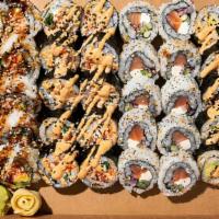 Party Box · perfect for feasting! -- featuring your choice of 4 signature rolls + 4 sauces