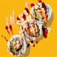 Shrimp + Mango Roll · inside-out roll w/ tempura shrimp, avocado, cucumber, mango, spicy mayo, sweet soy, sesame s...