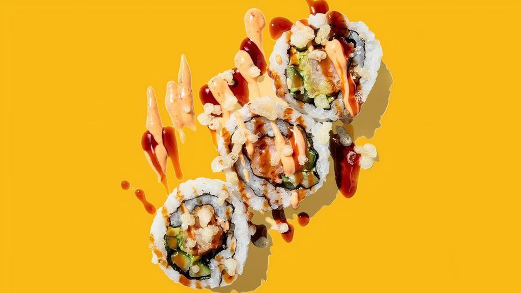 Shrimp + Mango Roll · inside-out roll w/ tempura shrimp, avocado, cucumber, mango, spicy mayo, sweet soy, sesame seeds + tempura crunch
