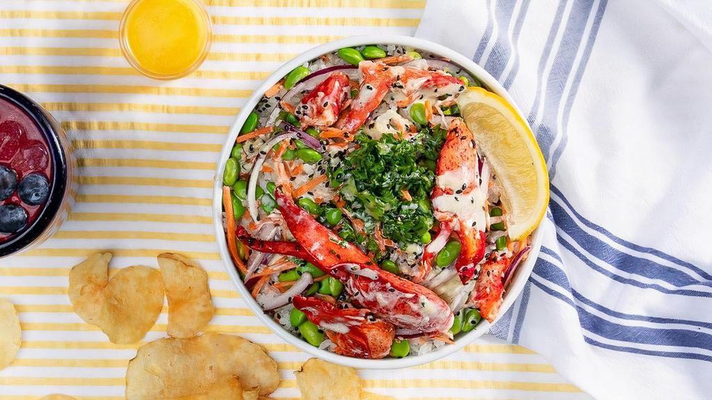 Luke'S Lobster Bowl · a brand new addition to our Luke's lobster collab, the lobster BOWL is here! featuring Maine lobster w/ edamame, carrots, red onion, and topped w/ sesame seeds, parsley, + secret herb mayo. served alongside lemon, butter, potato chips, and a blueberry lemonade!