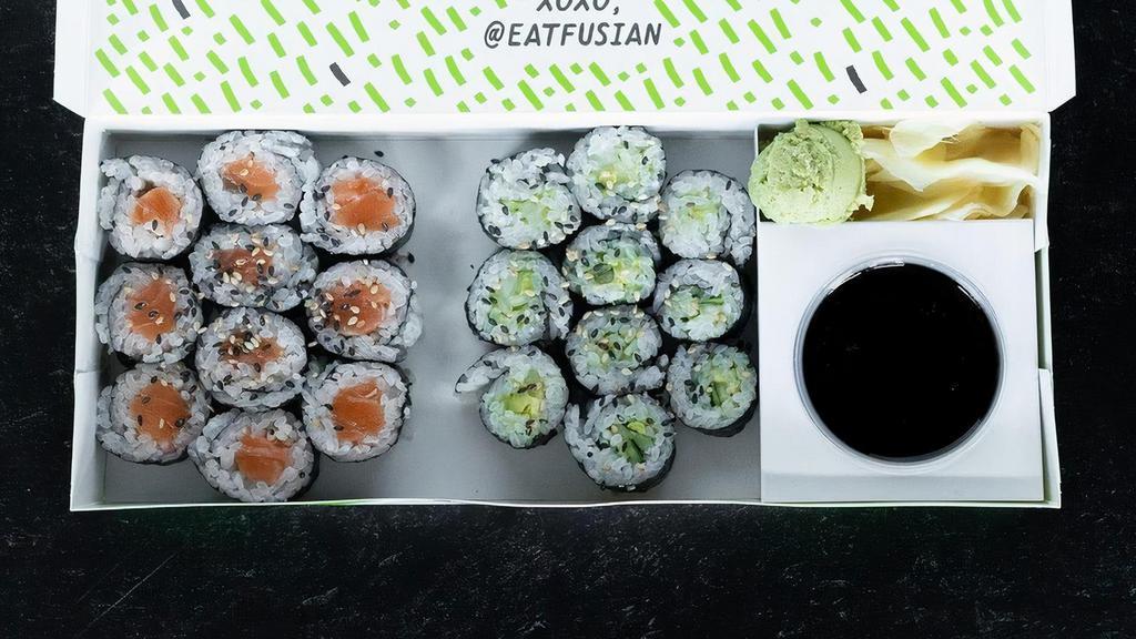 Mix-N-Makis · pick a pair of tasty + bite-sized makis -- 20 pieces of simple sushi rolls packed with your favorite FUSIAN flavors (1 protein or 2 veggies per 10 pieces). *special requests may not be fulfilled on this entree*
