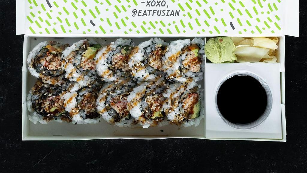 California · inside-out roll w/ crab, avocado, cucumber, sweet soy, + sesame seed -- gluten free